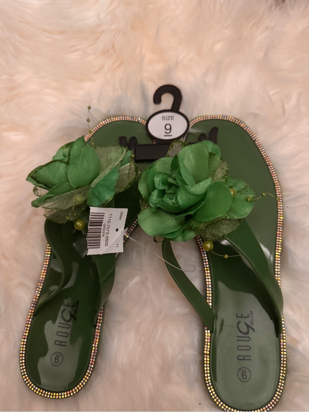 Rouge Helium Green Floral Slide Sandals with Beaded Trim